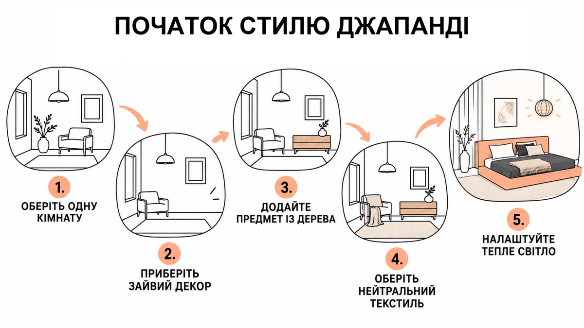 Початок стилю джапанді: оберіть одну кімнату, приберіть зайвий декор, додайте предмет із дерева, оберіть нейтральний текстиль, налаштуйте тепле світло