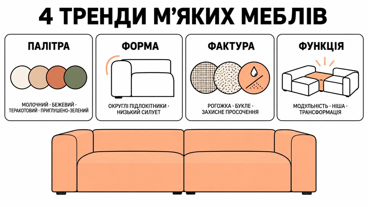 4 тренди мʼяких меблів: палітра - молочний, бежевий, теракотовий, приглушено-зелений; форма - округлі підлокітники, низький силует; фактура - рогожка, букле, захисне просочення; функція - модульність, ніша, трансформація