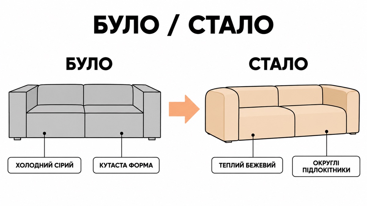 Було/стало: холодний сірий і кутаста форма проти теплого бежевого й округлих підлокітників