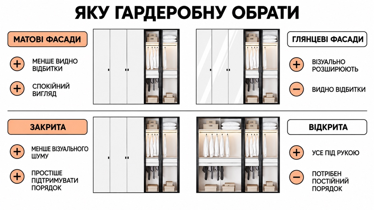 Яку гардеробну обрати: матові фасади менше видно відбитки проти глянцевих що візуально розширюють; закрита система менше візуального шуму проти відкритої де все під рукою