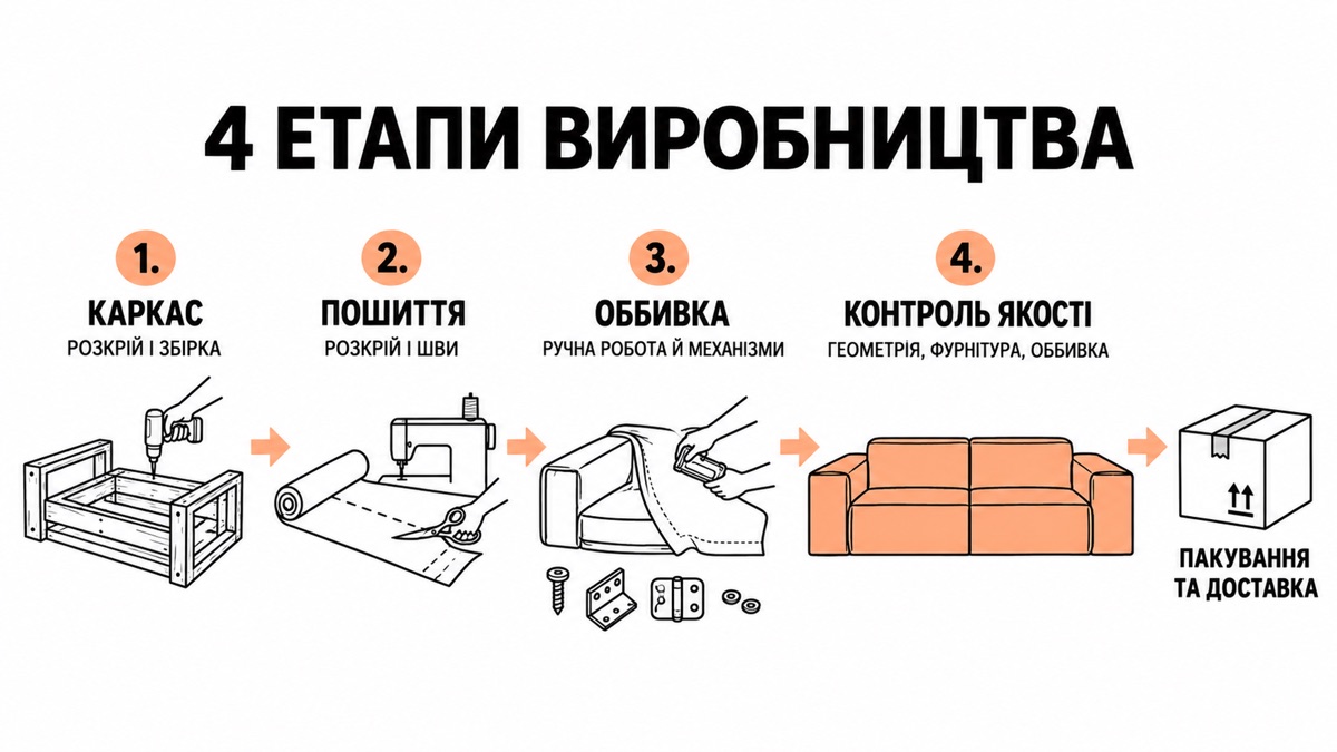 4 етапи виробництва: каркас - розкрій і збірка, пошиття - розкрій і шви, оббивка - ручна робота й механізми, контроль якості - геометрія фурнітура оббивка, пакування та доставка