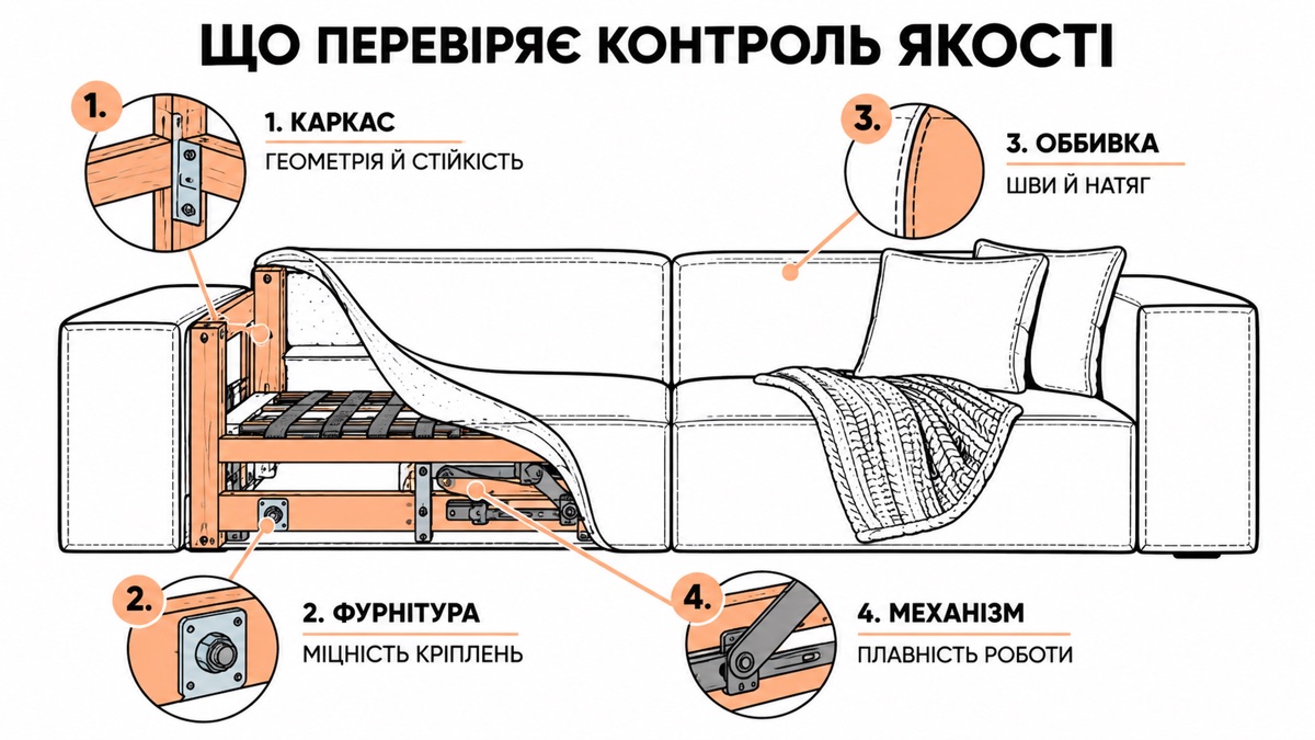 Що перевіряє контроль якості: каркас - геометрія й стійкість, фурнітура - міцність кріплень, оббивка - шви й натяг, механізм - плавність роботи