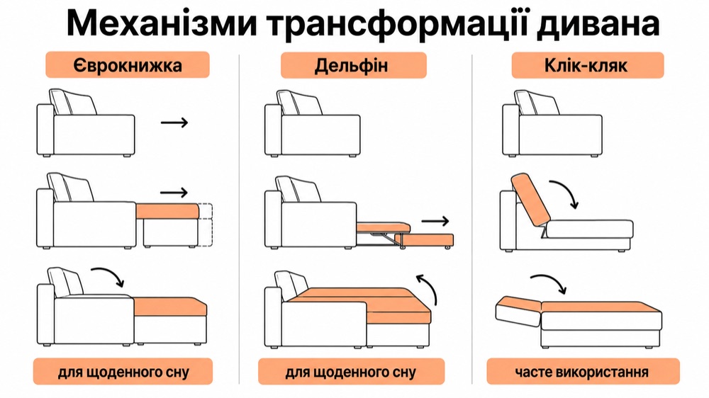 Механізми трансформації дивана: єврокнижка, дельфін, клік-кляк