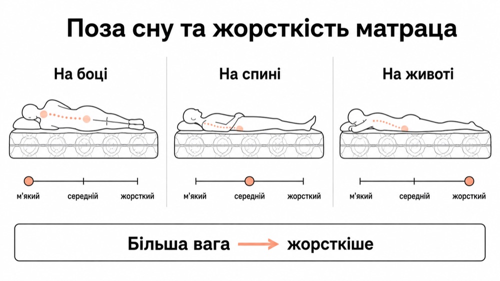 Поза сну та жорсткість матраца: на боці, на спині, на животі