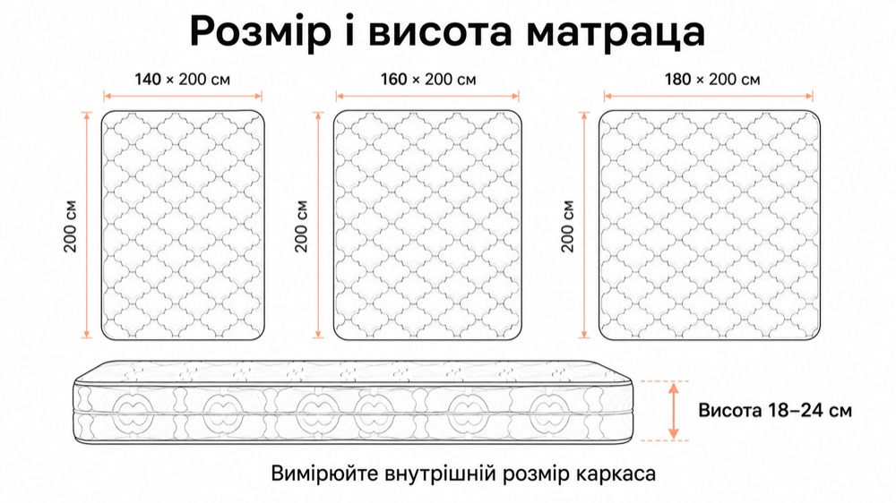 Розмір і висота матраца: 140×200, 160×200, 180×200 см, висота 18-24 см