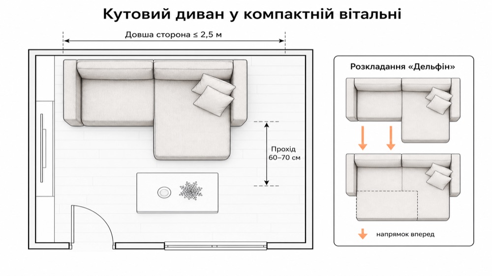 Кутовий диван у компактній вітальні: прохід 60-70 см, розкладання дельфін