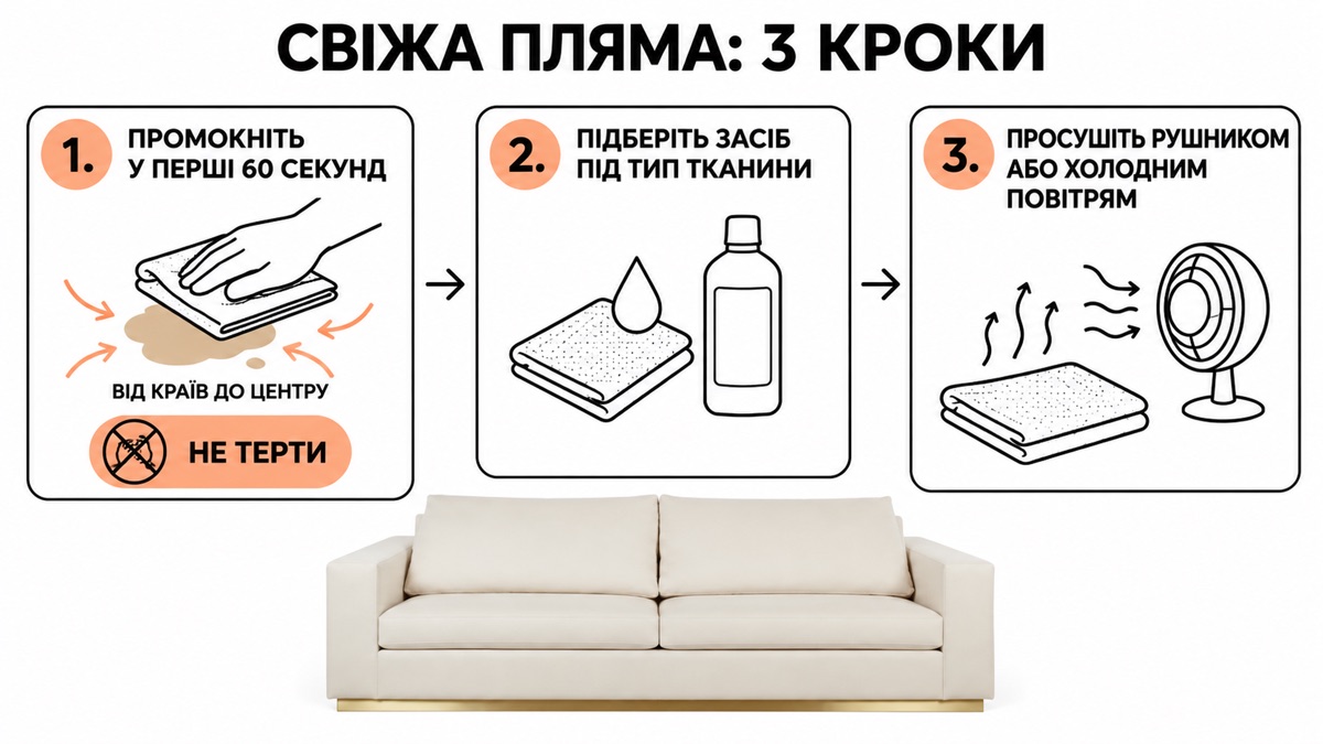 Свіжа пляма: 3 кроки — промокніть у перші 60 секунд від країв до центру не терти, підберіть засіб під тип тканини, просушіть рушником або холодним повітрям