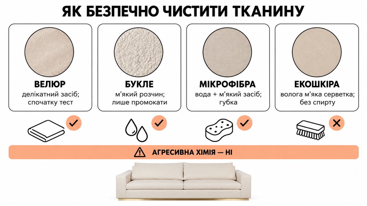 Як безпечно чистити тканину: велюр делікатний засіб, букле лише промокати, мікрофібра вода з мʼяким засобом, екошкіра волога серветка без спирту — агресивна хімія ні