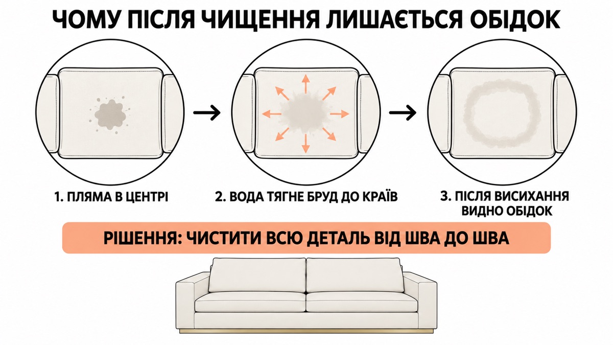 Чому після чищення лишається обідок: пляма в центрі, вода тягне бруд до країв, після висихання видно обідок — рішення чистити всю деталь від шва до шва
