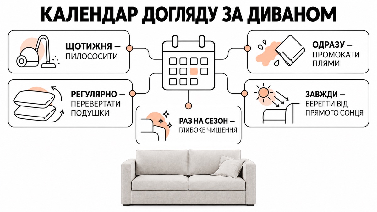 Календар догляду за диваном: щотижня пилососити, одразу промокати плями, регулярно перевертати подушки, завжди берегти від прямого сонця, раз на сезон глибоке чищення