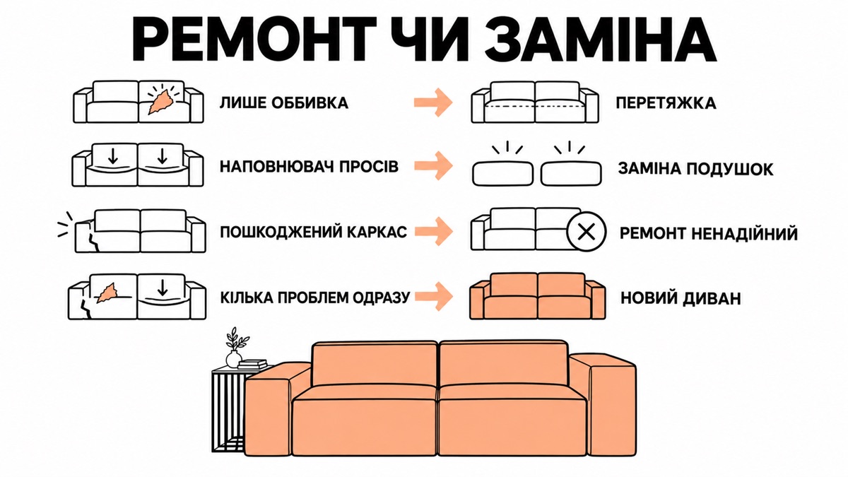 Ремонт чи заміна: лише оббивка - перетяжка, наповнювач просів - заміна подушок, пошкоджений каркас - ремонт ненадійний, кілька проблем одразу - новий диван