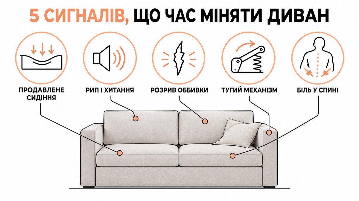 5 сигналів, що час міняти диван: продавлене сидіння, рип і хитання, розрив оббивки, тугий механізм, біль у спині