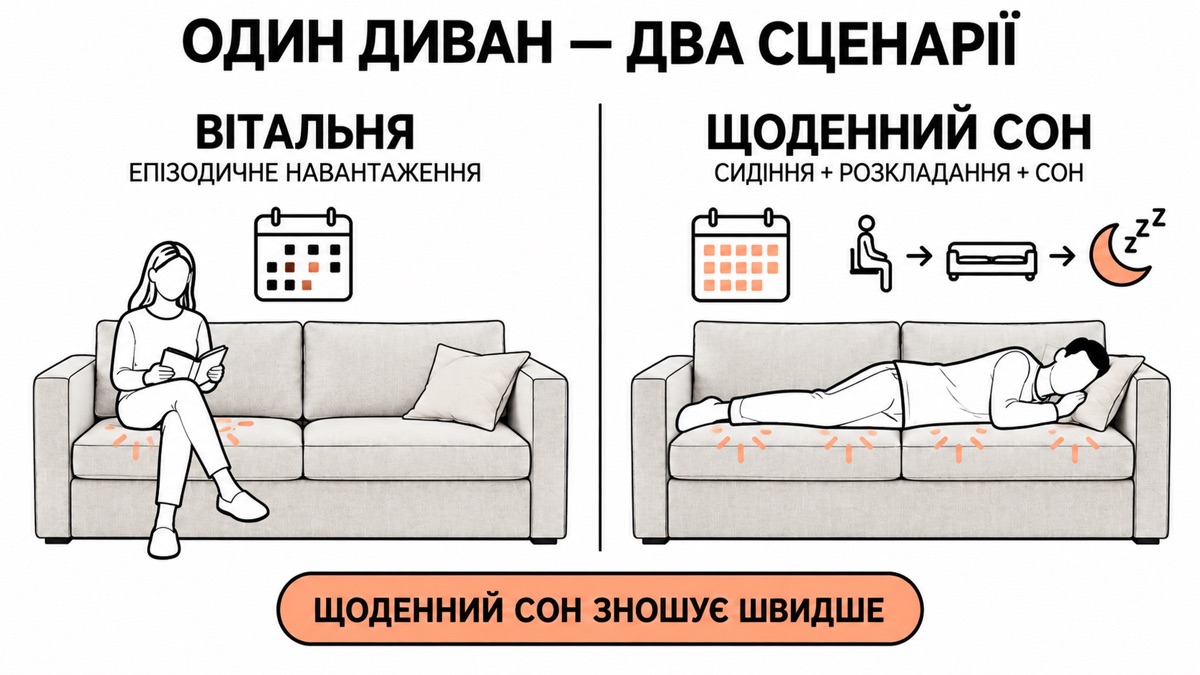 Один диван - два сценарії: вітальня епізодичне навантаження проти щоденного сну - сидіння плюс розкладання плюс сон, зношується швидше