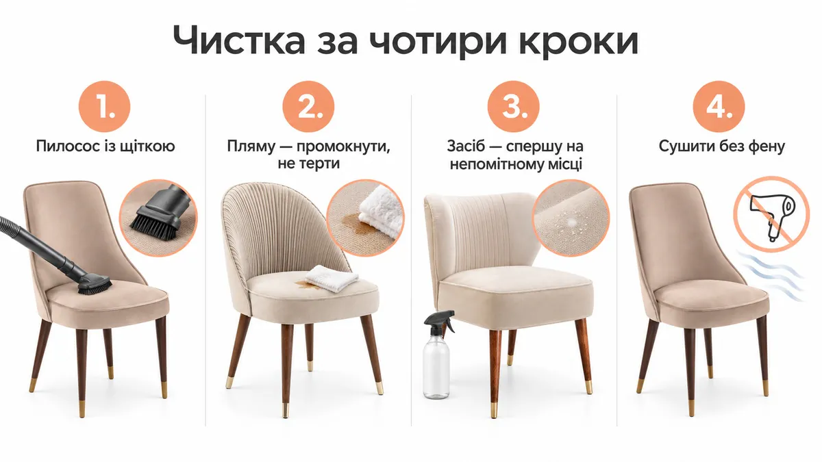 Four steps to cleaning a chair: vacuum with a brush, blot the stain instead of rubbing, test the cleaner on a hidden spot first, dry without a hairdryer