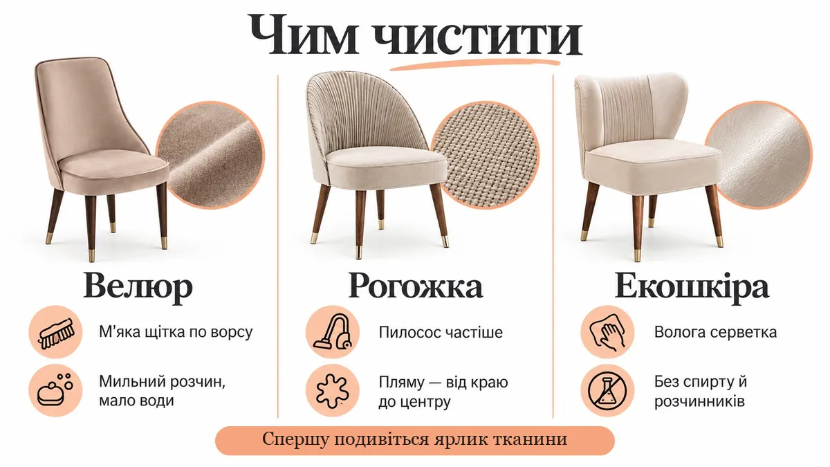 Three columns: velour, a soft brush along the pile, soapy water and little water; basket-weave fabric, vacuum more often, clean a stain from the edge to the centre; eco-leather, a damp wipe, no alcohol or solvents
