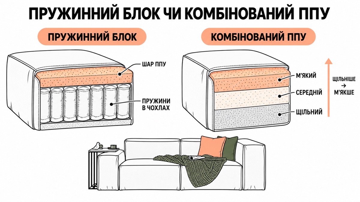 Пружинний блок чи комбінований ППУ: шар ППУ над пружинами в чохлах, або мʼякий-середній-щільний шари ППУ