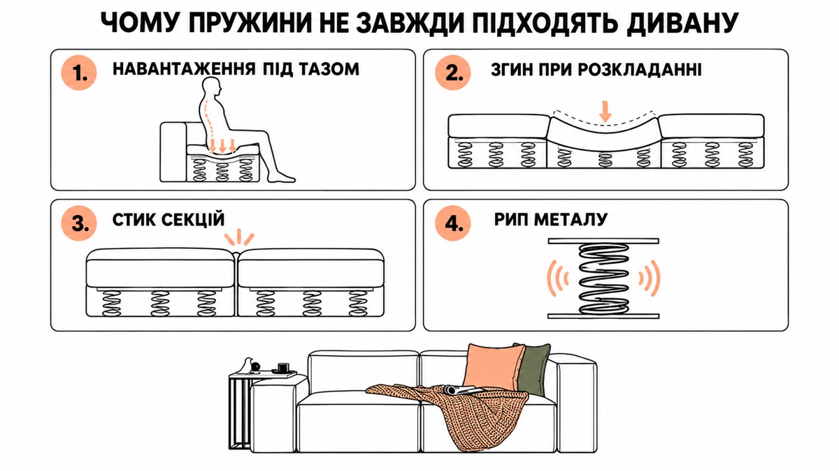 Чому пружини не завжди підходять дивану: навантаження під тазом, згин при розкладанні, стик секцій, рип металу