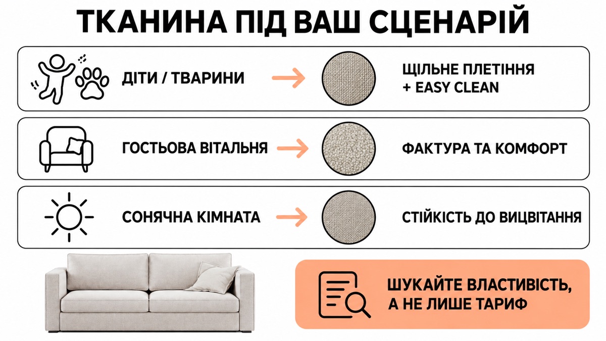 Тканина під ваш сценарій: діти й тварини - щільне плетіння та easy clean, гостьова вітальня - фактура й комфорт, сонячна кімната - стійкість до вицвітання