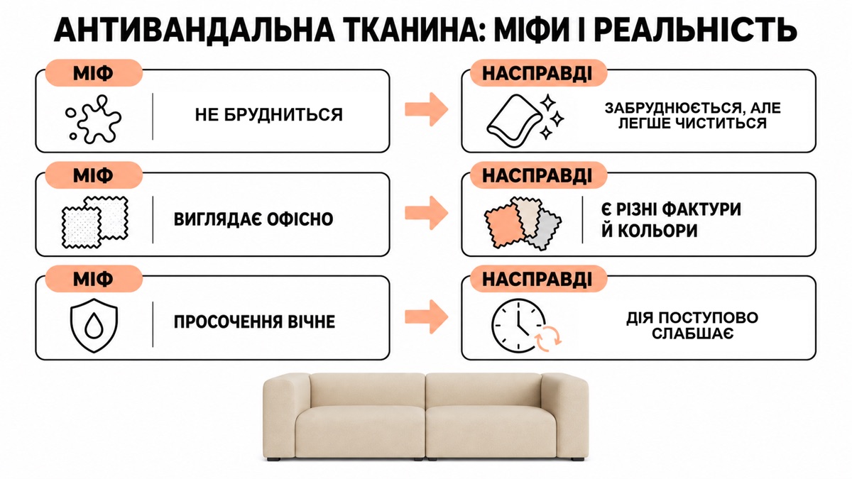 Антивандальна тканина міфи і реальність: не бруднеться - забруднюється але легше чиститься, виглядає офісно - є різні фактури й кольори, просочення вічне - дія поступово слабшає