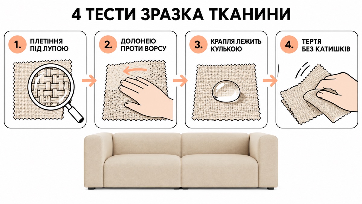 4 тести зразка тканини: плетіння під лупою, долонею проти ворсу, крапля лежить кулькою, тертя без катишків