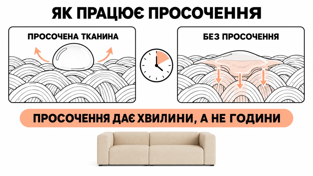 Як працює просочення: просочена тканина - крапля лежить кулькою і скочується, без просочення - вбирається за хвилини