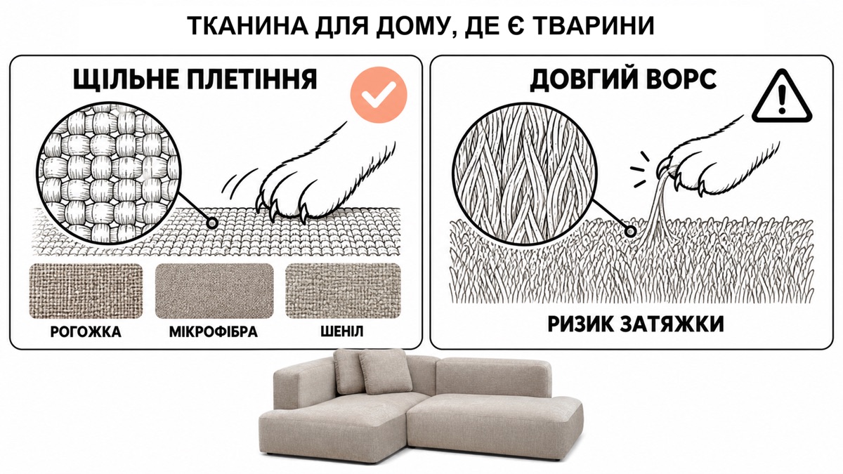 Тканина для дому, де є тварини: щільне плетіння рогожка мікрофібра шеніл проти довгого ворсу з ризиком затяжки