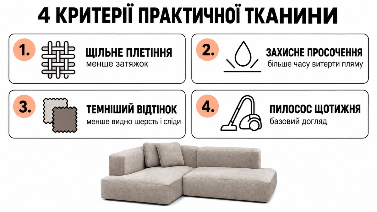 4 критерії практичної тканини: щільне плетіння менше затяжок, захисне просочення більше часу витерти пляму, темніший відтінок менше видно шерсть, пилосос щотижня