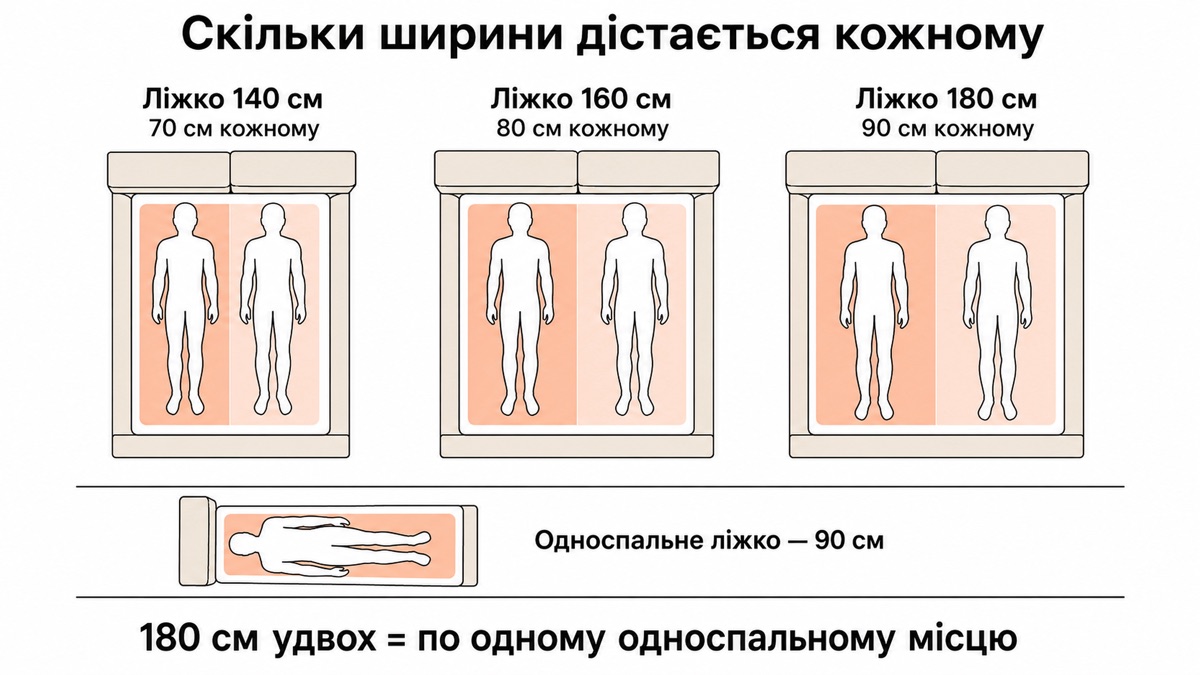 Скільки ширини дістається кожному: 140 см - 70 см, 160 см - 80 см, 180 см - 90 см