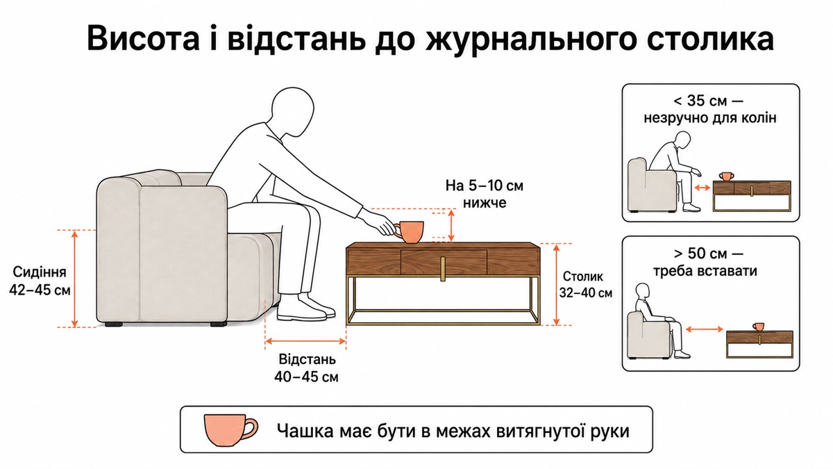 Висота і відстань до журнального столика: сидіння 42-45 см, столик 32-40 см, відстань 40-45 см