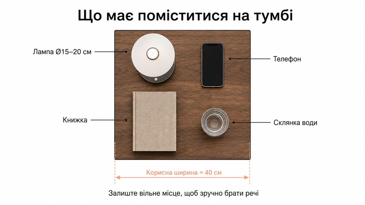 Що має поміститися на тумбі: лампа, телефон, книжка, склянка води — корисна ширина близько 40 см