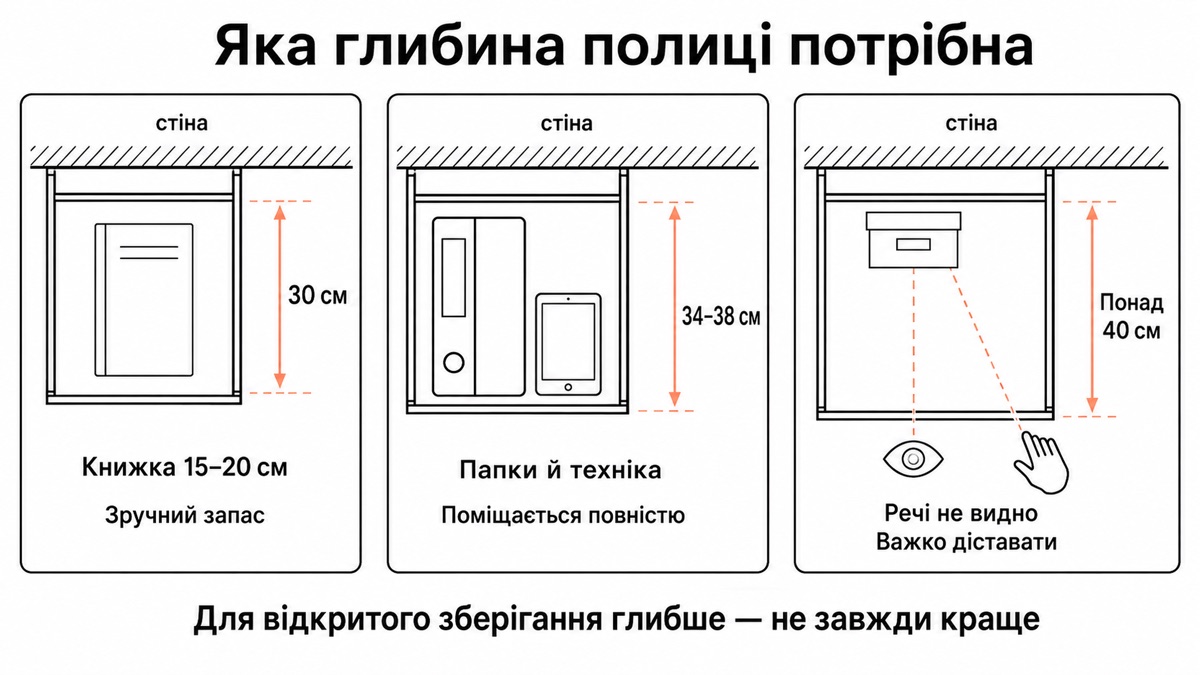 Яка глибина полиці потрібна: 30 см під книжки, 34-38 см під папки й техніку, понад 40 см — речі не видно
