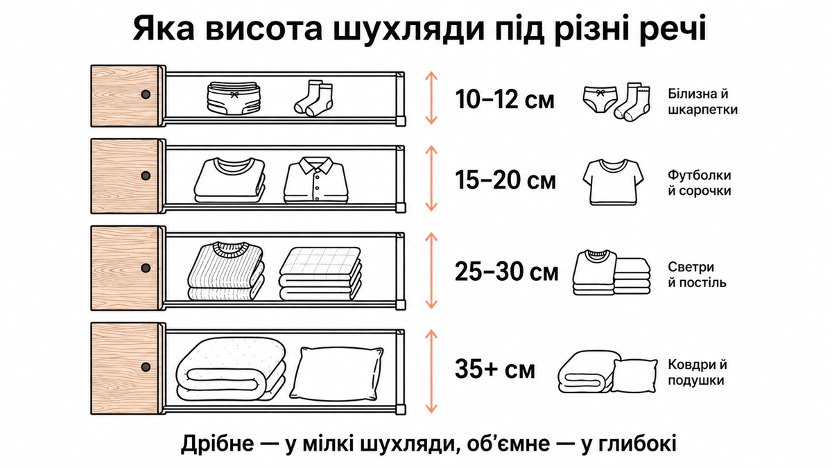 Яка висота шухляди під різні речі: 10-12 см білизна, 15-20 см футболки, 25-30 см светри, 35+ см ковдри