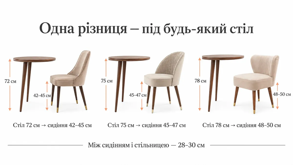 Three table and chair pairs: 72 cm table, seat 42–45 cm; 75 cm table, 45–47 cm; 78 cm table, 48–50 cm; 28–30 cm between the seat and the tabletop