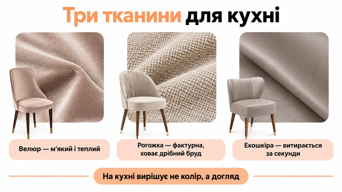 Three fabric samples: velour, soft and warm; basket-weave fabric, textured and hides small marks; eco-leather, wipes clean in seconds