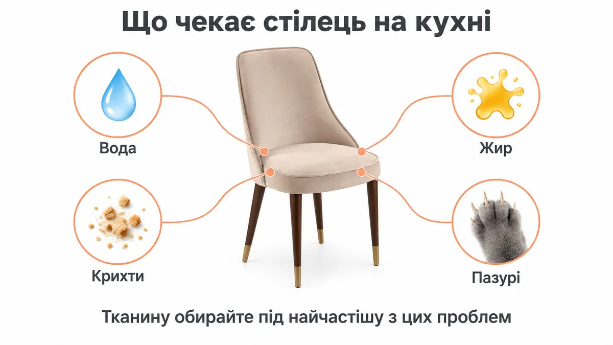 Kitchen chair with four risks around it: water, grease, crumbs, claws