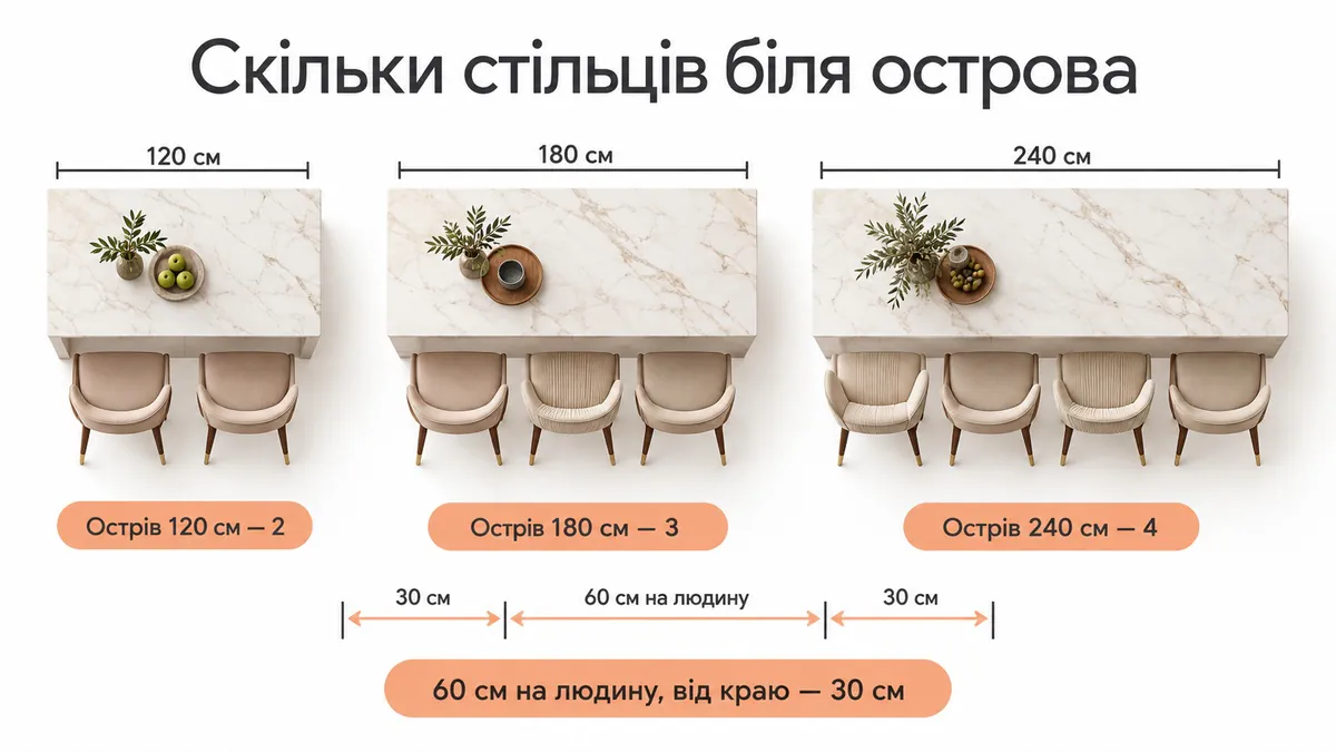 Top view of a kitchen island with stools: 120 cm island takes 2, 180 cm takes 3, 240 cm takes 4; 60 cm per person, 30 cm from the end