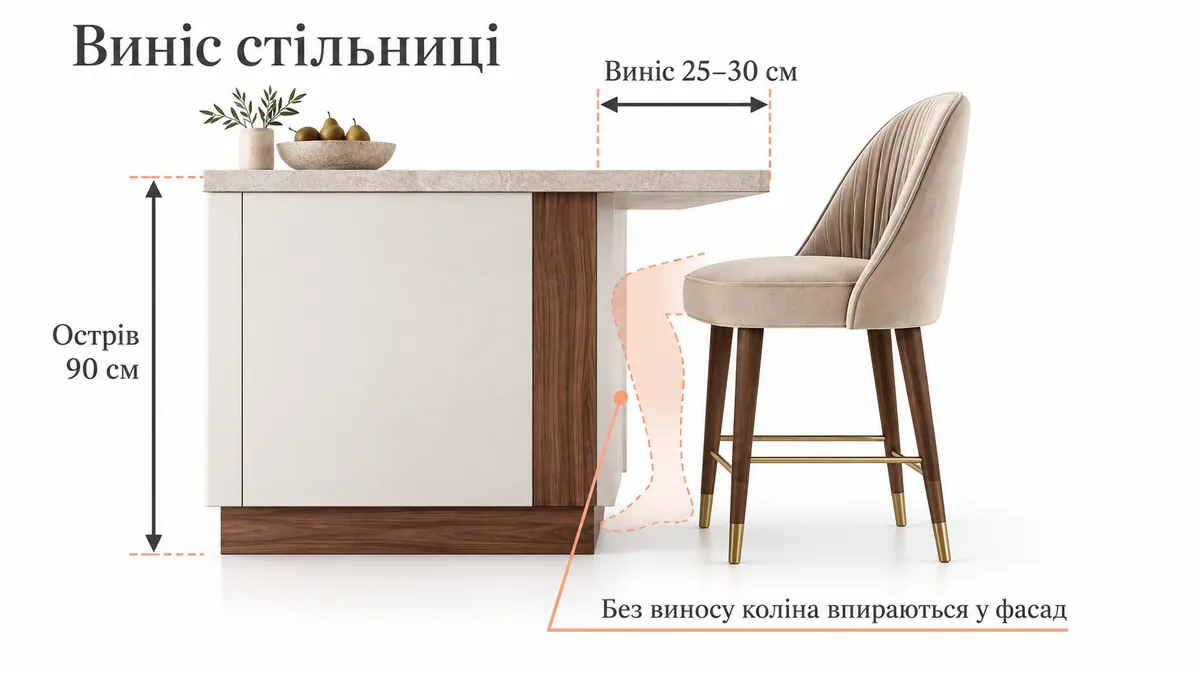 90 cm kitchen island and a counter stool: the worktop overhangs the cabinet fronts by 25–30 cm, knees go under it